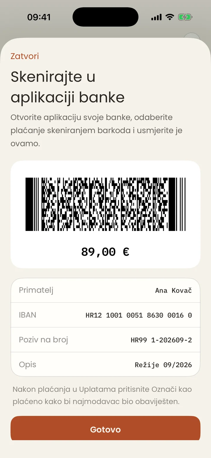 Zaslon za plaćanje s HUB3 barkodom za režije od 89,00 €